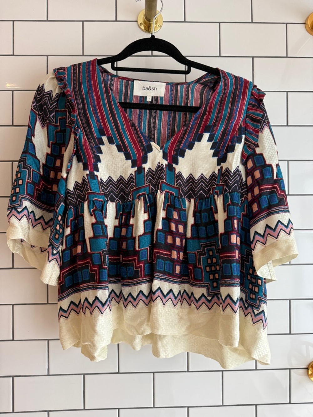 ba&sh Cream Top with Teal and Burgundy Geometric Print